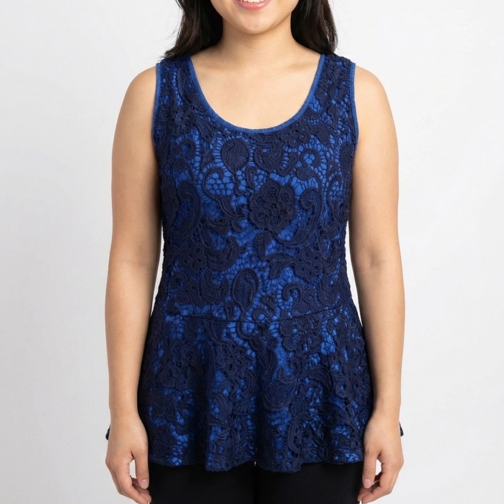 ANTHROPOLOGIE MEADOW RUE BLUE LACE PEPLUM KNIT TOP SZ XL